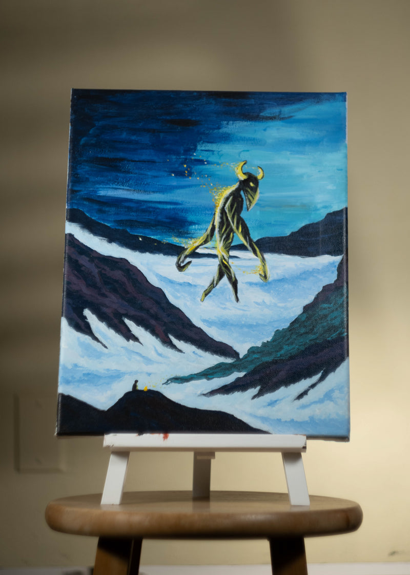 Acrylic painting on canvas displayed on a white easel, featuring a dark, whimsical landscape with a figure and nighttime elements.